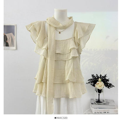 Square Neck Ruffle Blouse with Scarf Set