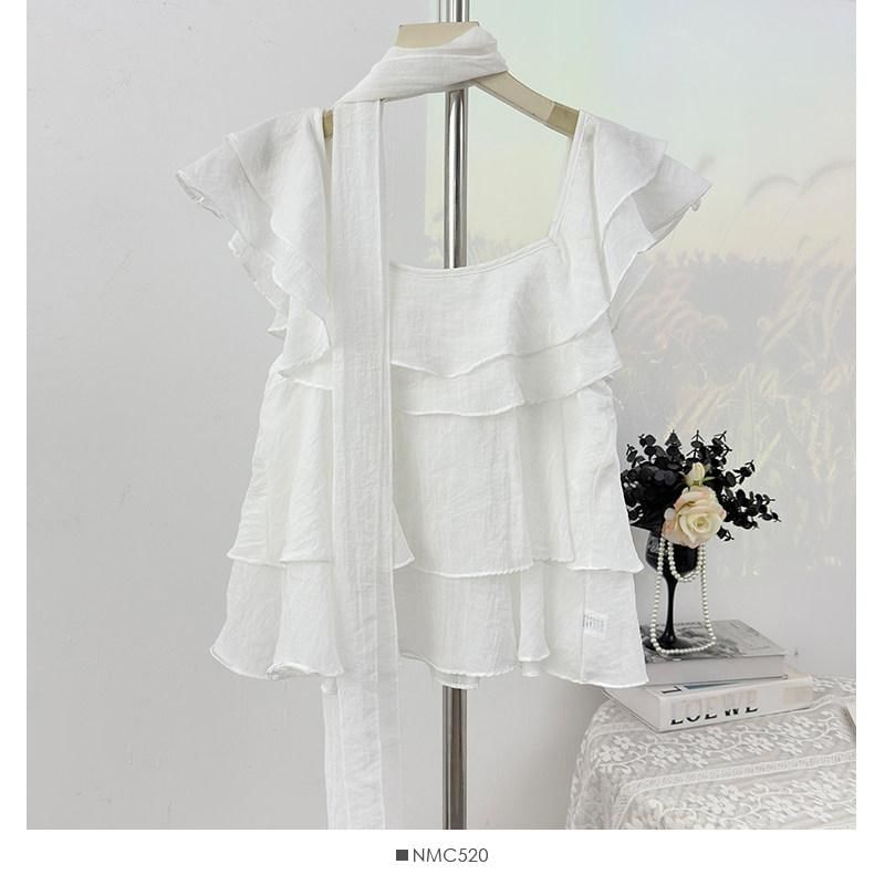 Square Neck Ruffle Blouse with Scarf Set