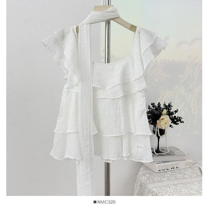 Square Neck Ruffle Blouse with Scarf Set