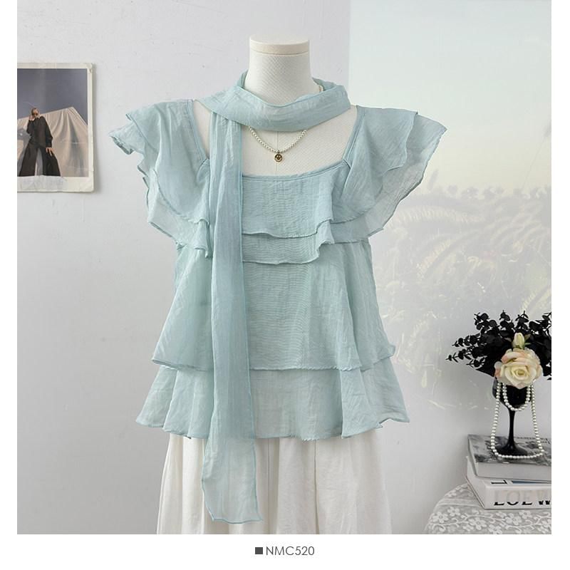Square Neck Ruffle Blouse with Scarf Set