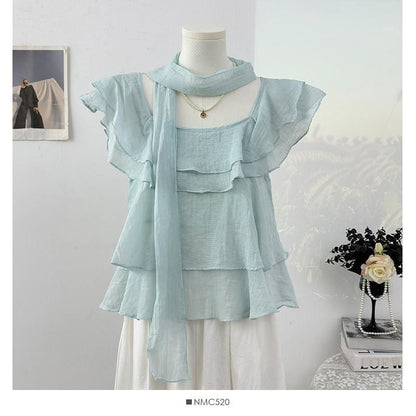 Square Neck Ruffle Blouse with Scarf Set