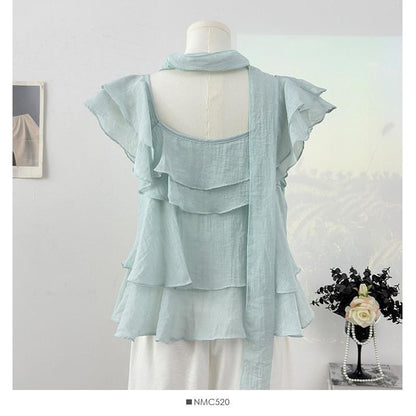 Square Neck Ruffle Blouse with Scarf Set