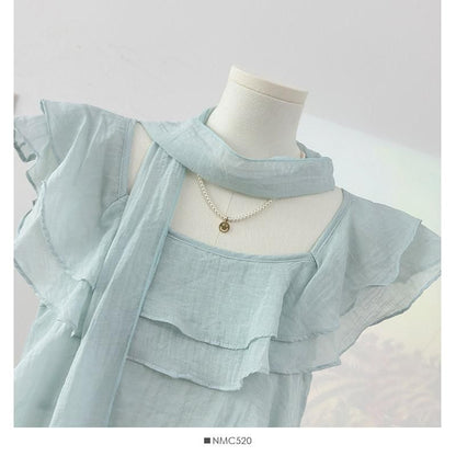 Square Neck Ruffle Blouse with Scarf Set