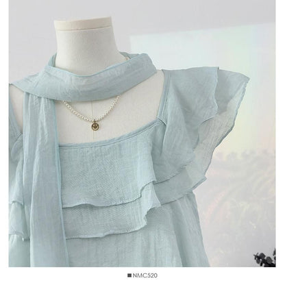 Square Neck Ruffle Blouse with Scarf Set