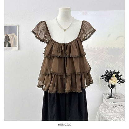 Square Neck Cap Sleeve Lace Trimmed Ruffle Top