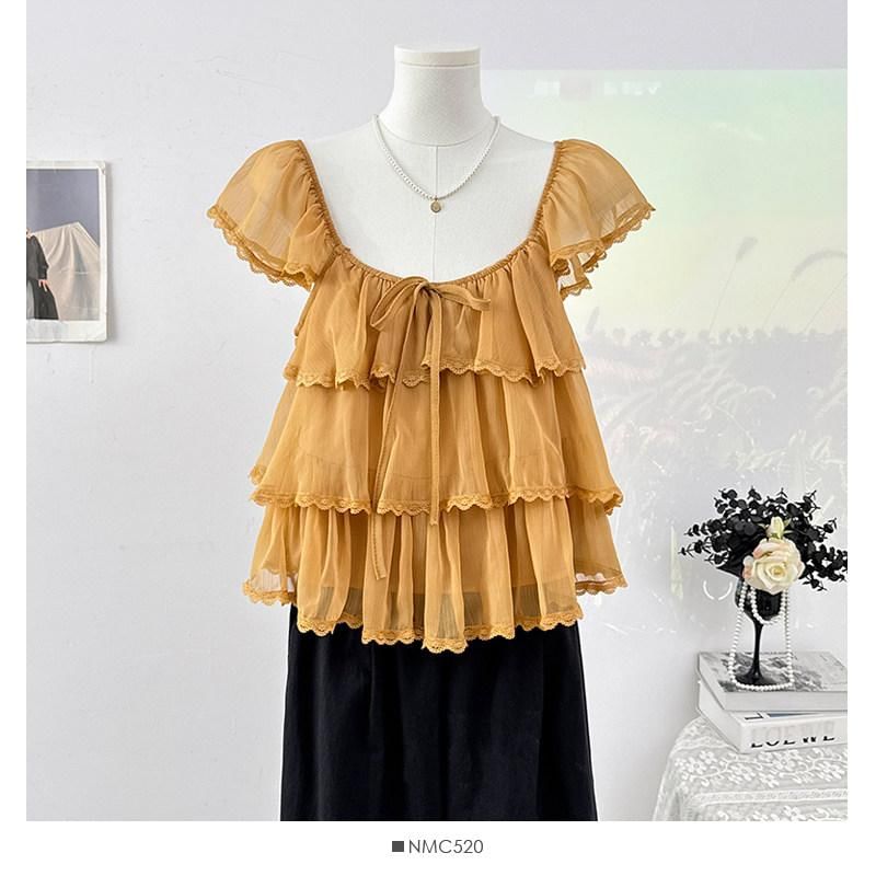 Square Neck Cap Sleeve Lace Trimmed Ruffle Top