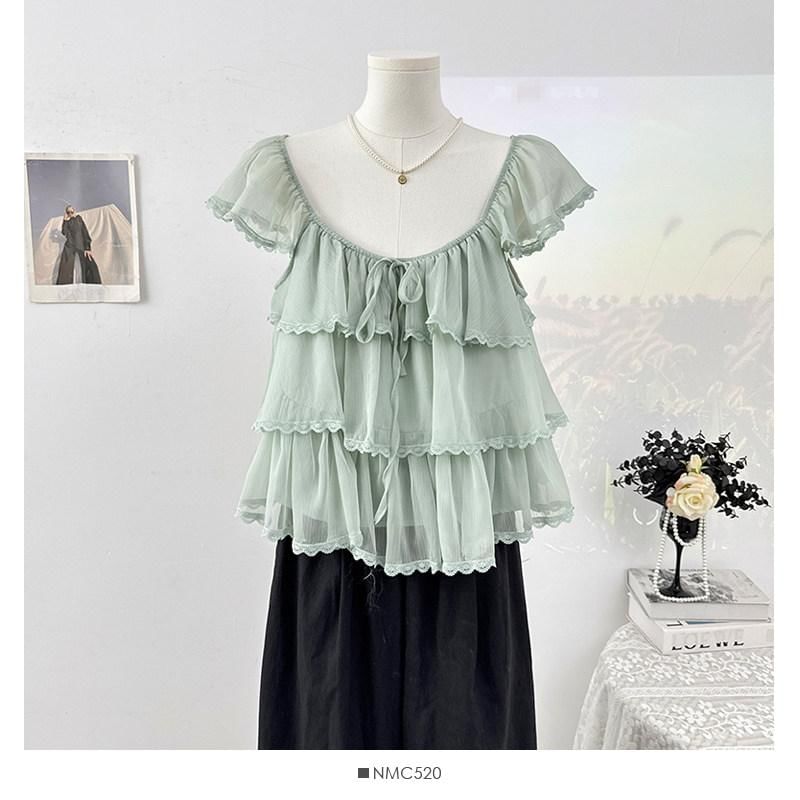 Square Neck Cap Sleeve Lace Trimmed Ruffle Top