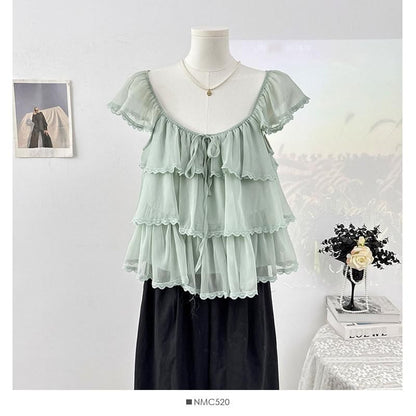 Square Neck Cap Sleeve Lace Trimmed Ruffle Top