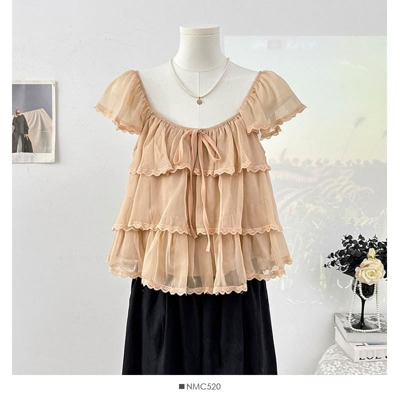 Square Neck Cap Sleeve Lace Trimmed Ruffle Top