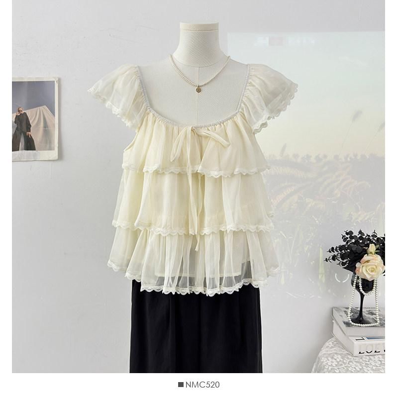 Square Neck Cap Sleeve Lace Trimmed Ruffle Top
