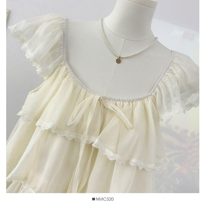 Square Neck Cap Sleeve Lace Trimmed Ruffle Top