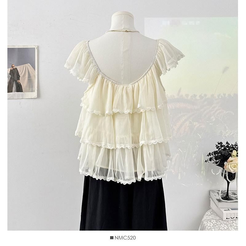 Square Neck Cap Sleeve Lace Trimmed Ruffle Top