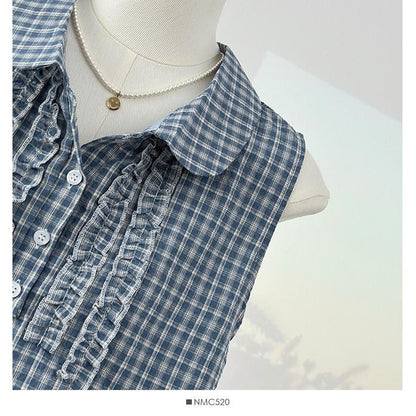 Peter Pan Collar Plaid Frill Tank
