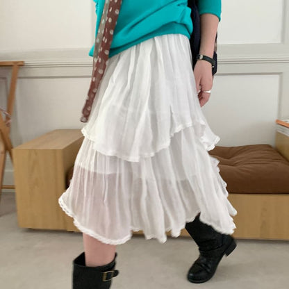 Mid Rise Plain Lace Trim Midi Tiered Skirt