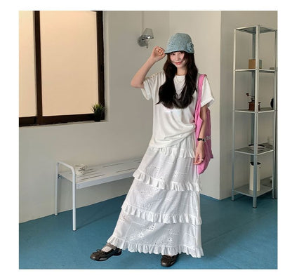 Mid Rise Plain Ruffle Trim Maxi A-Line Skirt