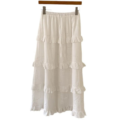 Mid Rise Plain Ruffle Trim Maxi A-Line Skirt