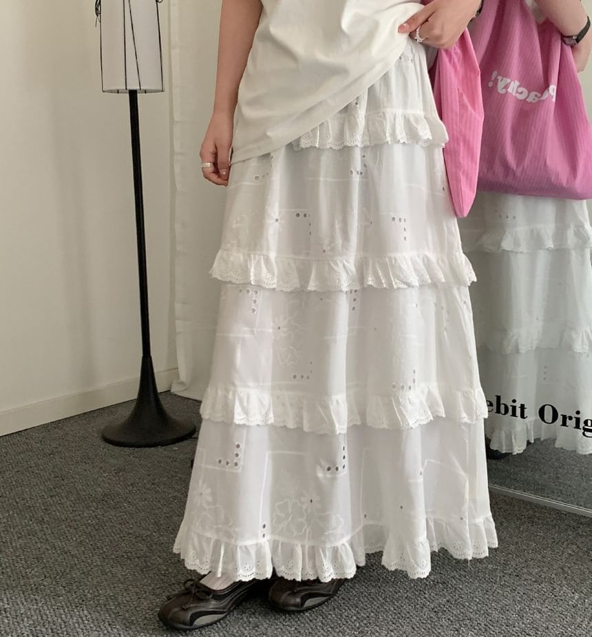 Mid Rise Plain Ruffle Trim Maxi A-Line Skirt