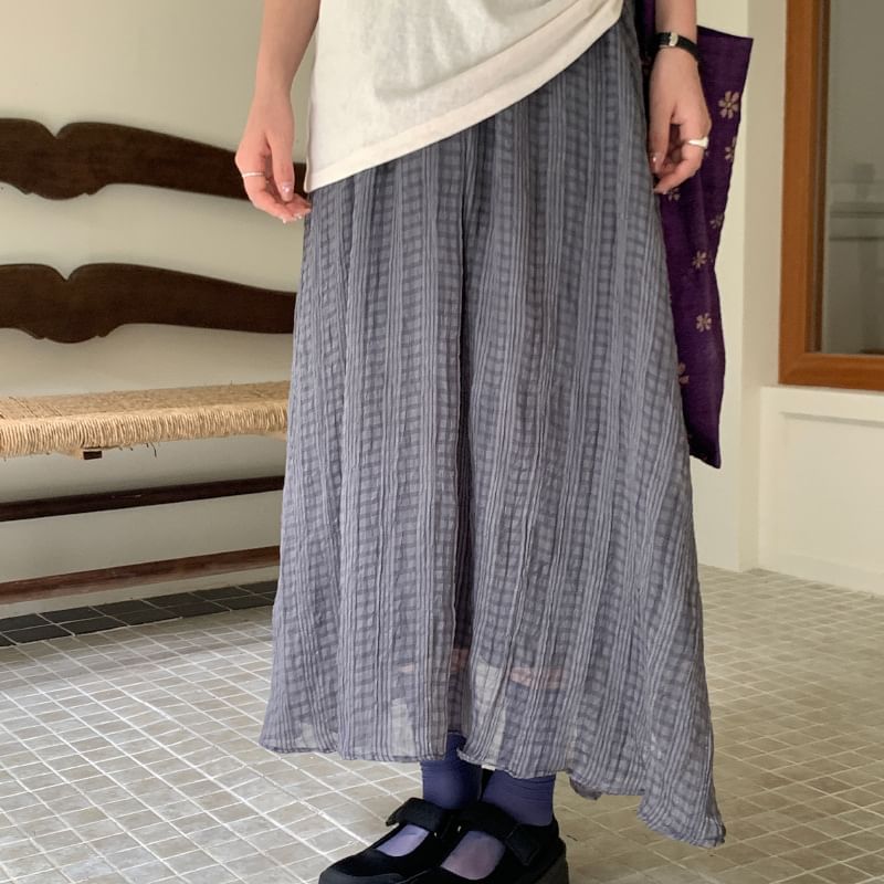 Mid Rise Plaid Maxi A-Line Skirt