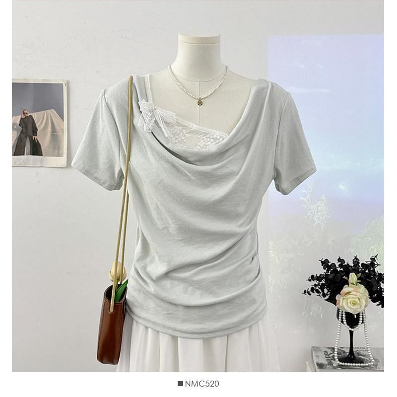 Mock Two-Piece Short-Sleeve Lace Panel T-Shirt