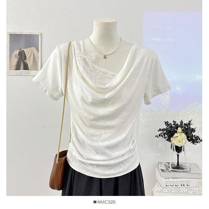 Mock Two-Piece Short-Sleeve Lace Panel T-Shirt