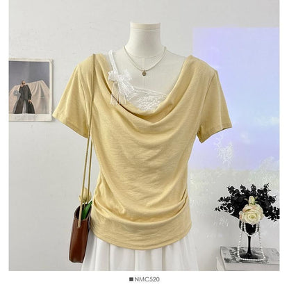 Mock Two-Piece Short-Sleeve Lace Panel T-Shirt
