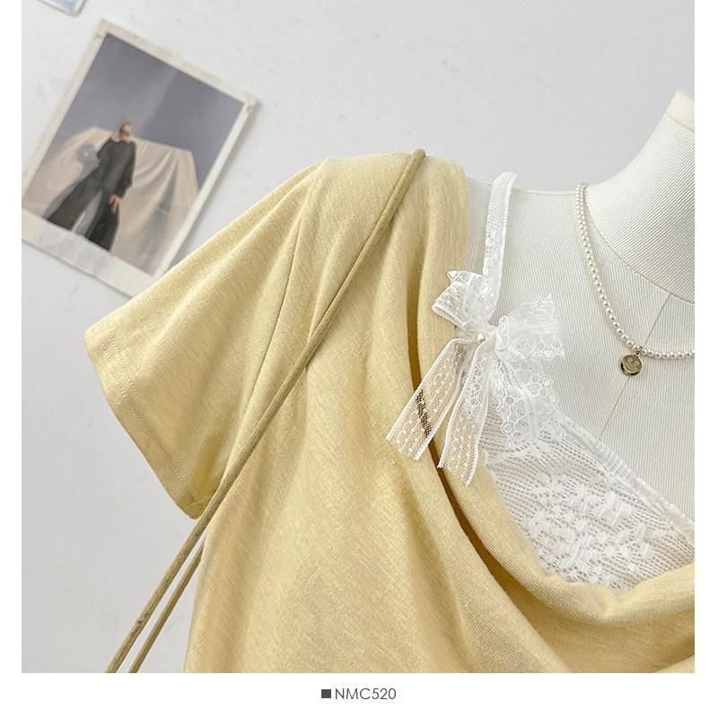 Mock Two-Piece Short-Sleeve Lace Panel T-Shirt