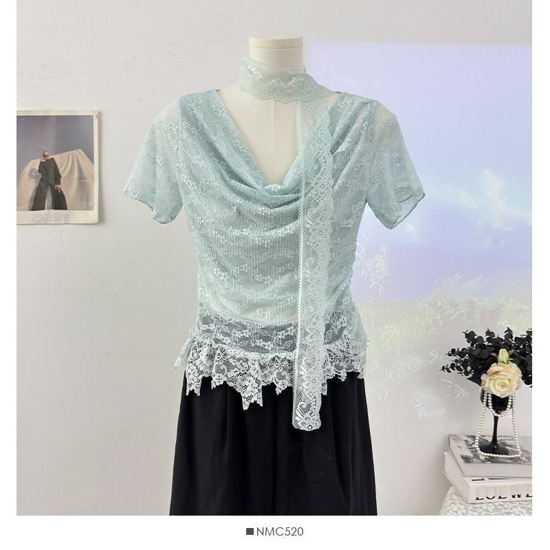 Short-Sleeve Cowl Neck Lace Crop Top
