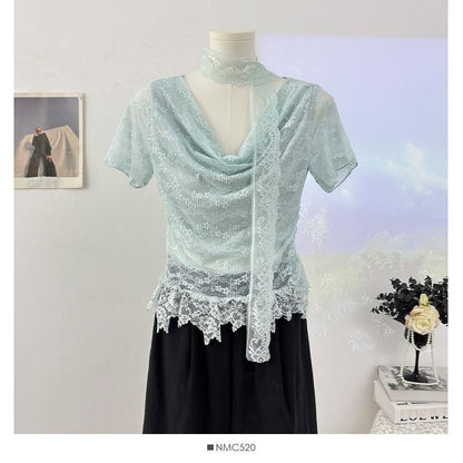 Short-Sleeve Cowl Neck Lace Crop Top