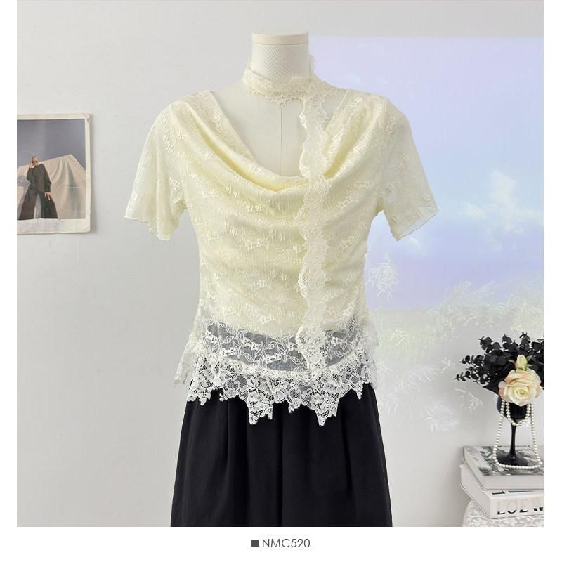 Short-Sleeve Cowl Neck Lace Crop Top