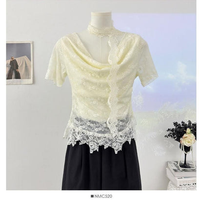 Short-Sleeve Cowl Neck Lace Crop Top