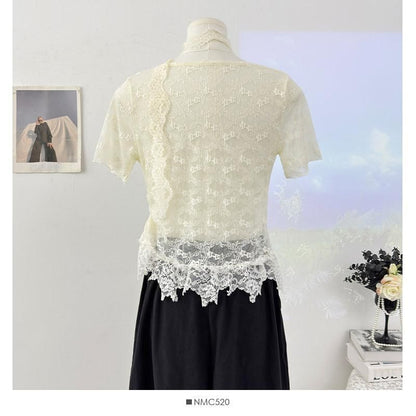 Short-Sleeve Cowl Neck Lace Crop Top