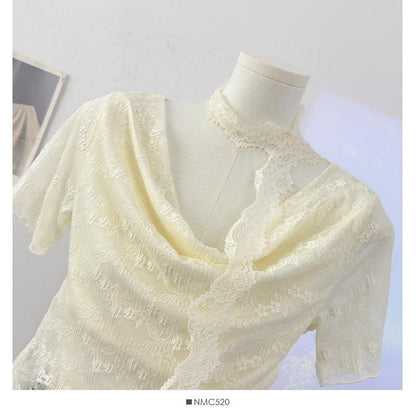 Short-Sleeve Cowl Neck Lace Crop Top