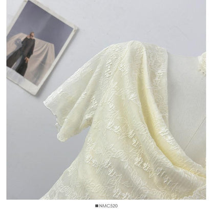 Short-Sleeve Cowl Neck Lace Crop Top