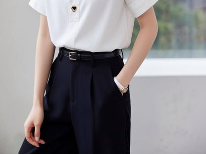 Half Button Collared Short Sleeve Blouse