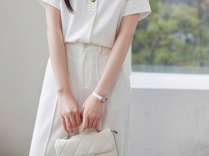 Half Button Collared Short Sleeve Blouse