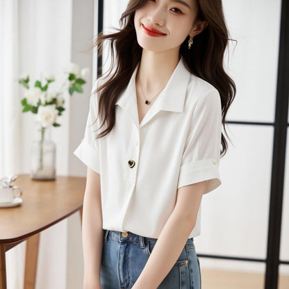 Half Button Collared Short Sleeve Blouse