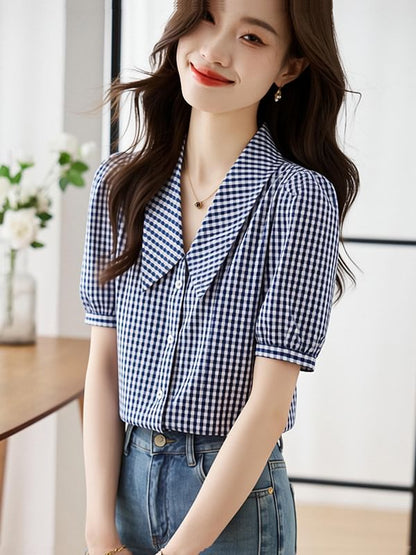 Plaid Collared Button Up Short Sleeve Blouse
