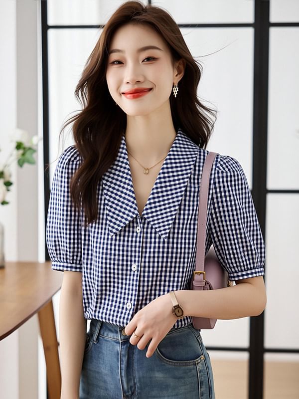 Plaid Collared Button Up Short Sleeve Blouse