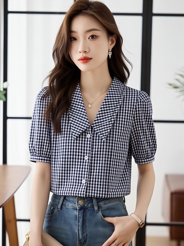 Plaid Collared Button Up Short Sleeve Blouse