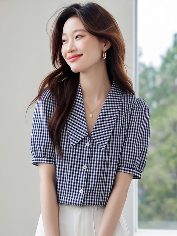 Plaid Collared Button Up Short Sleeve Blouse