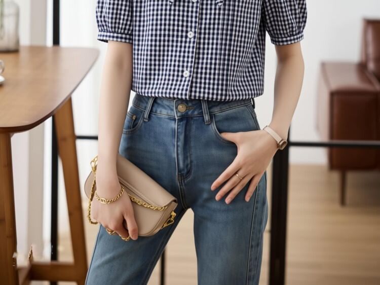Plaid Collared Button Up Short Sleeve Blouse