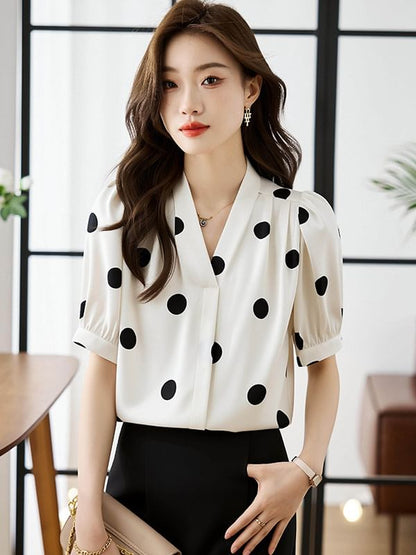 Dotted V-Neck Short Sleeve Blouse