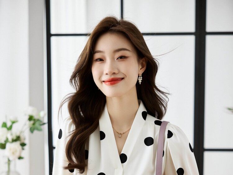 Dotted V-Neck Short Sleeve Blouse