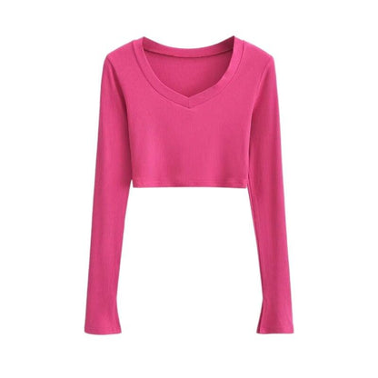V-Neck Long Sleeve Cropped Tee