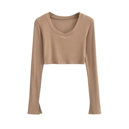 V-Neck Long Sleeve Cropped Tee