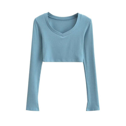 V-Neck Long Sleeve Cropped Tee