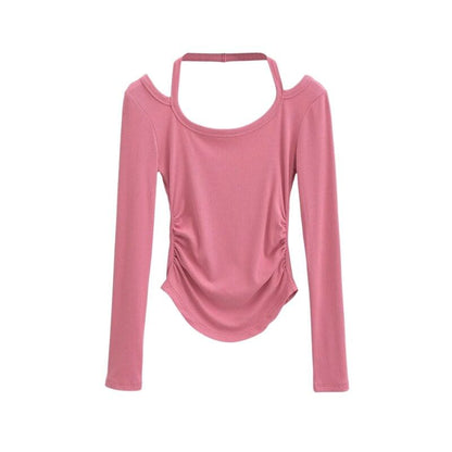 Halter Neck Long Sleeve Cropped Tee