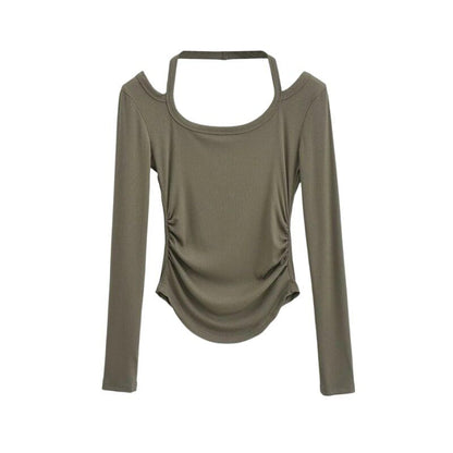 Halter Neck Long Sleeve Cropped Tee