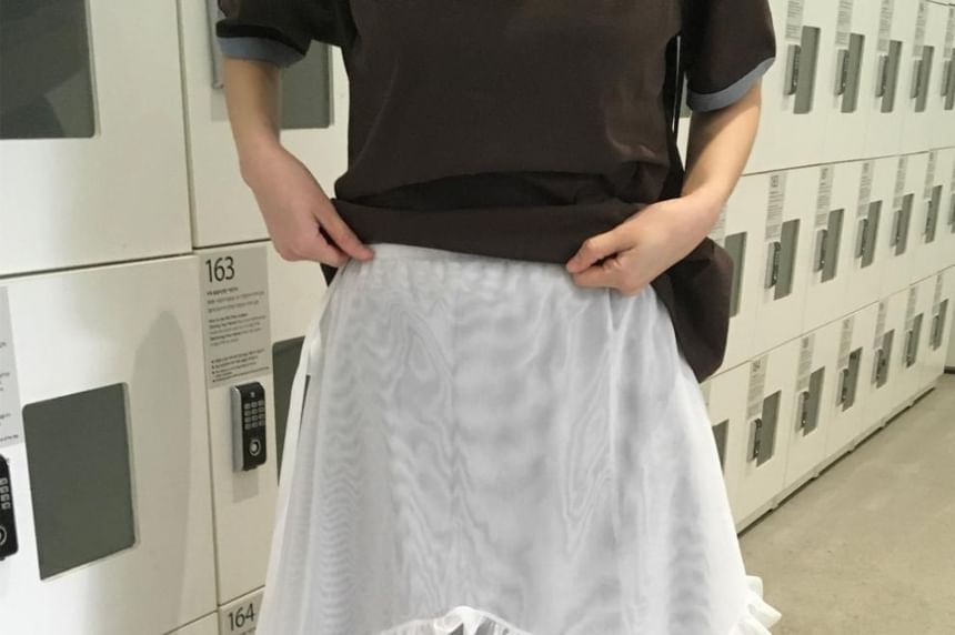Plain Ruffle Trim Layered Mesh Wrap Skirt