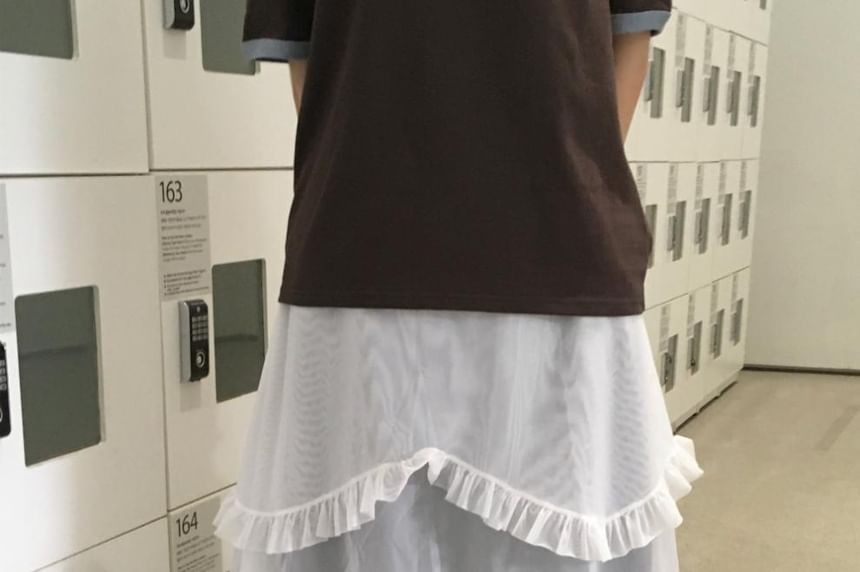 Plain Ruffle Trim Layered Mesh Wrap Skirt